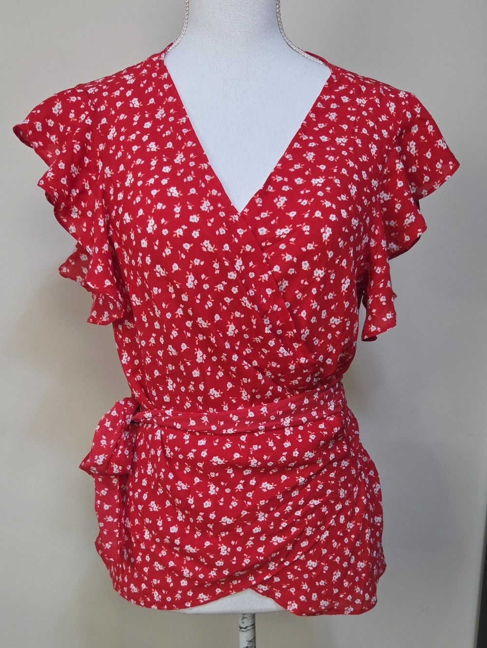 Max Studio Red Floral Flutter Sleeve Wrap Tie Waist Blouse - L